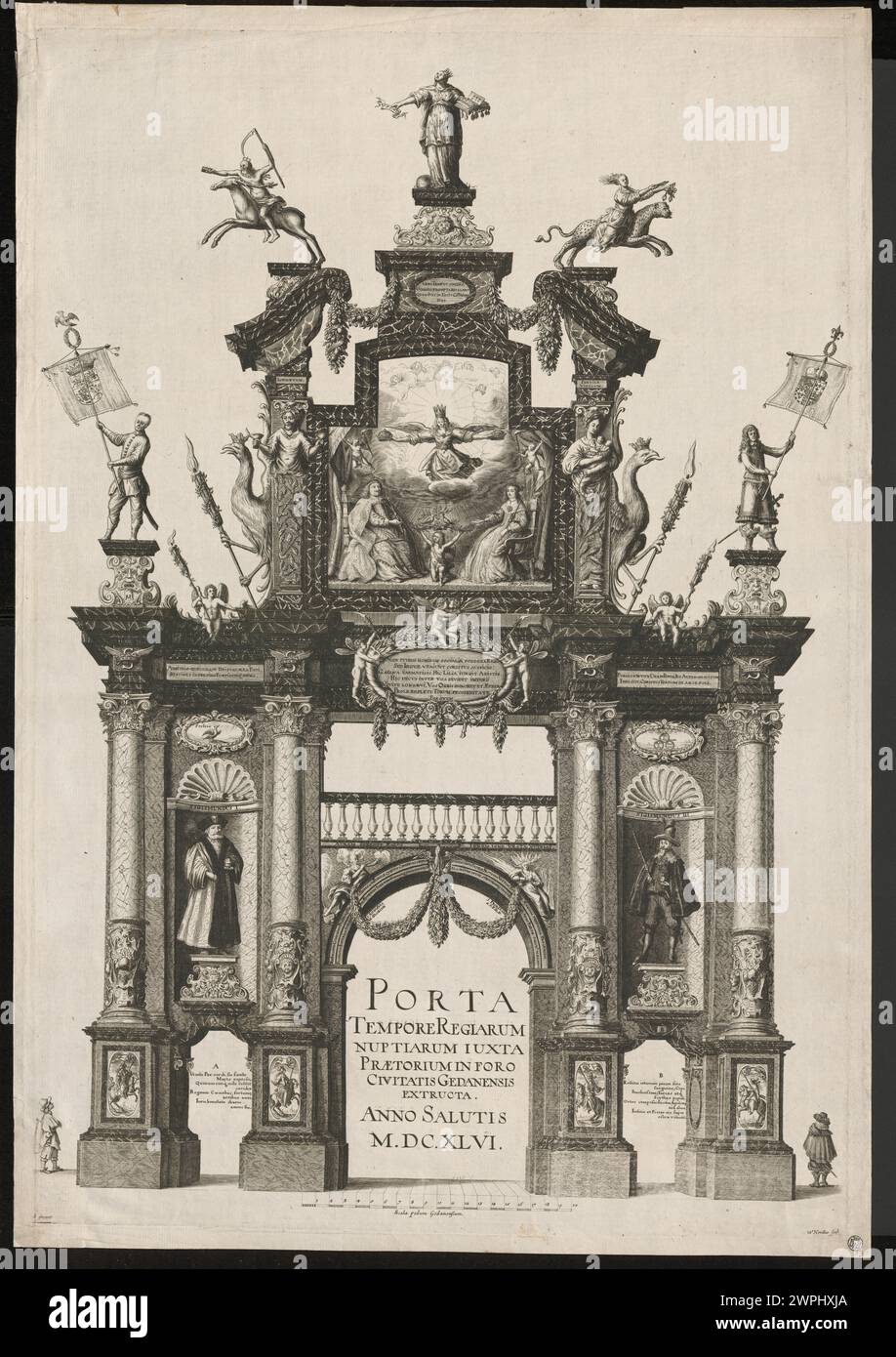 Das triumphierende Tor, das 1646 in Gdańsk anlässlich der LUBIN W Adys Ava IV mit Ludwik Mari Gonzag errichtet wurde; westliche Seitenansicht; Hondius, Willem (nach 1597–1652), Junge, Adolf (1612-Post 1686), Münch, Georg (FL. CA 1638-non-Post 1656); 1646 (1646-00-00-1646-00);Gdańsk (Woiwodschaft Pommern), Ludwika Maria (Königin von Polen - 1611-1667), Ludwika Maria (Königin von Polen - 1611-1667) - Ikonographie, Witke -Jeżewski, Dominik (1862-1944) - Sammlung, Władysław IV (polnischer König - 1595-1648), Władysław IV (polnischer König - 1595-1648) - Ikonographie, gelegentliche Architektur, Triumphtore, Geschenk (pro Stockfoto