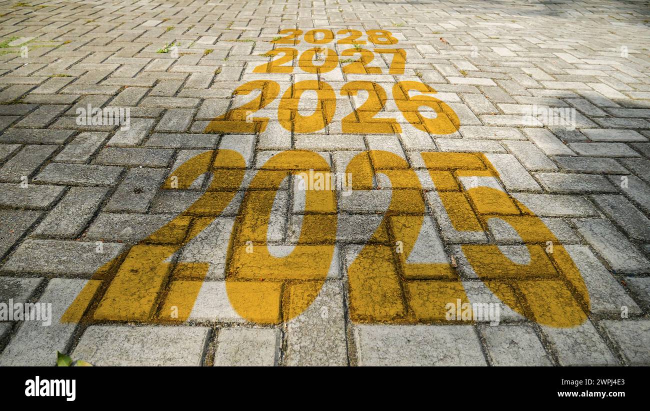 Ziegelboden mit den Jahren 2025 bis 2029 darauf Stockfoto
