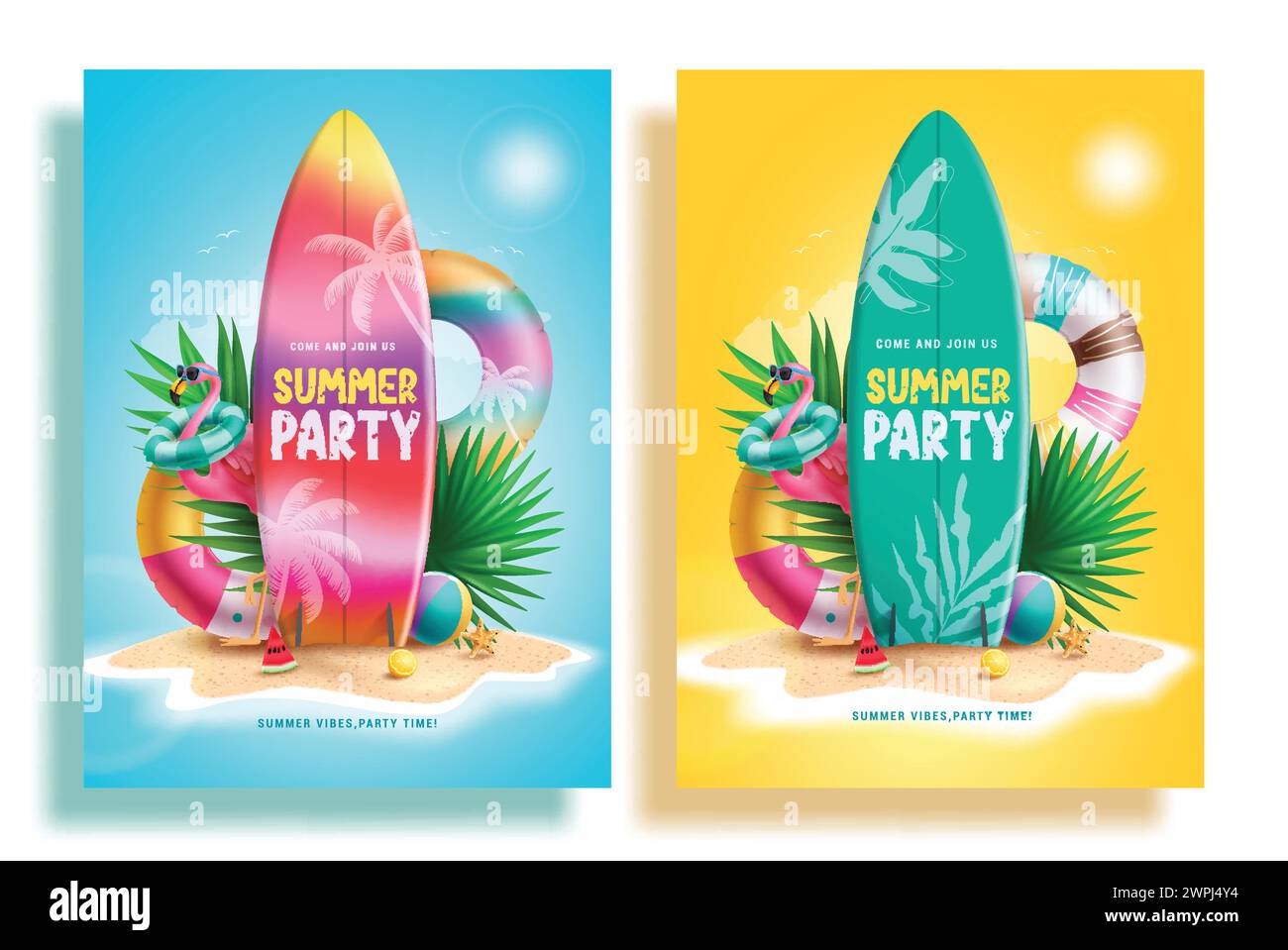 Sommer Party Text Vektor Poster Set. Einladungskarte für Sommerparty mit Surfbrett, Floatern und Flamingo-Strandelementen für Urlaubs-Postkarte Stock Vektor