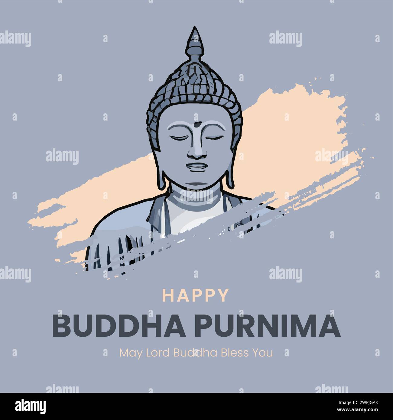 Ein buddhistischer Mönch sitzt auf einem Felsen mit einem Vogel im Schoß. Der Mönch ist von einem Vogelkreis umgeben. Das Bild trägt den Titel „Happy Buddha Purimma“ a Stock Vektor