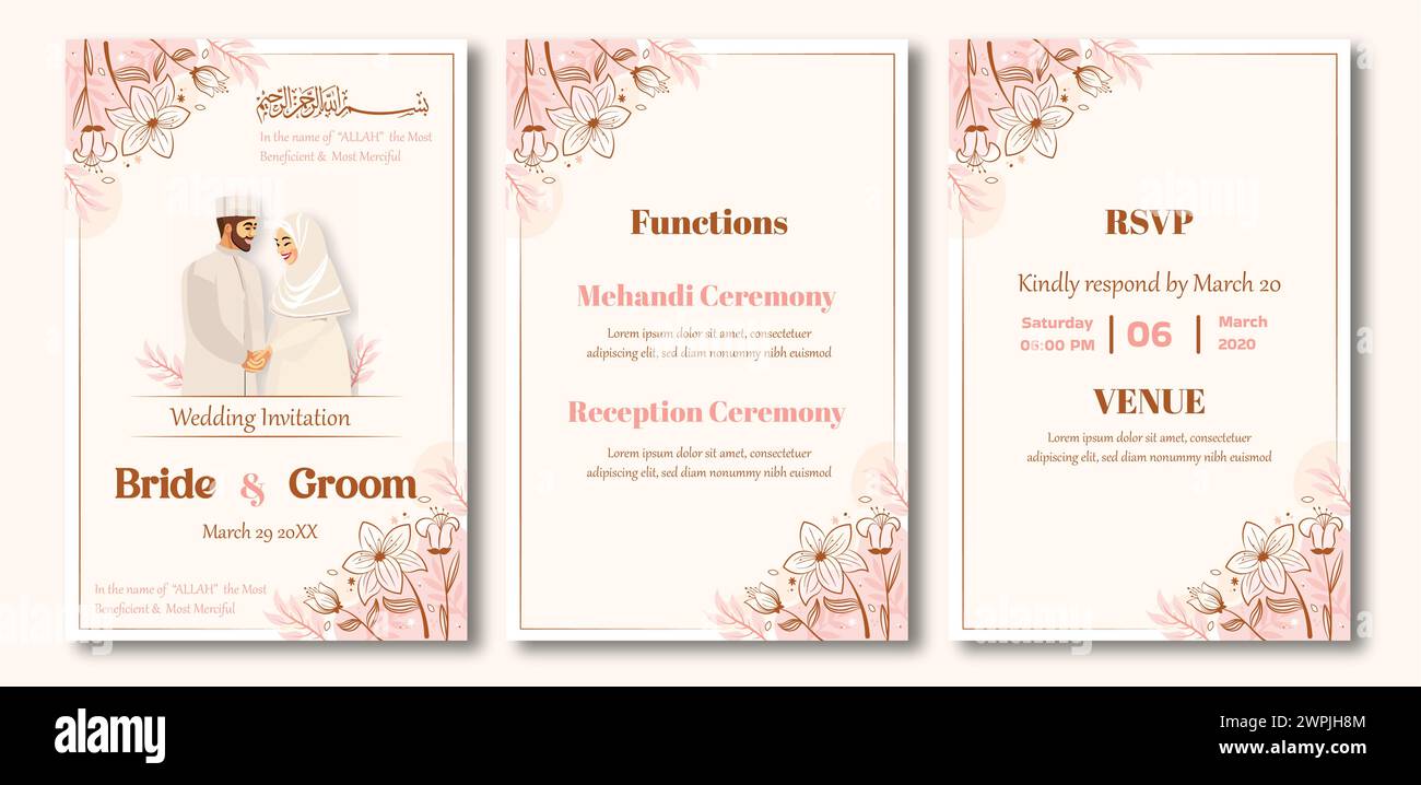 Eine Hochzeitseinladungskarte mit Braut und Bräutigam darauf. Die Karte hat einen rosafarbenen Hintergrund und ein Blumenmuster. Die Karte ist in drei se unterteilt Stock Vektor