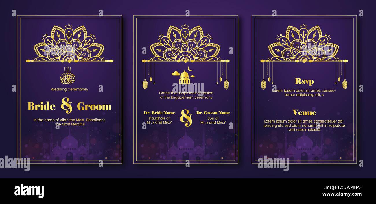 Drei lila Hochzeitseinladungen mit goldenem Besatz und goldenem Schriftzug. Die Einladungen sind für eine Hochzeit und sind elegant und elegant gestaltet Stock Vektor