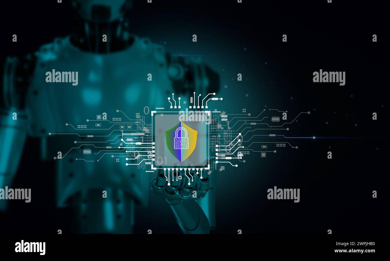 3D-Roboter-Rendering mit Cyber-Sicherheitssymbol auf Schaltplan. Das Programm warnt vor Computerviren-Angriffen und eliminiert sie , Technologie Konzept Stockfoto