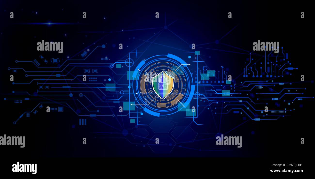 Cyber Security Digital Icon auf Elementschaltplan abstraktes Muster, Technologiekonzept Stockfoto