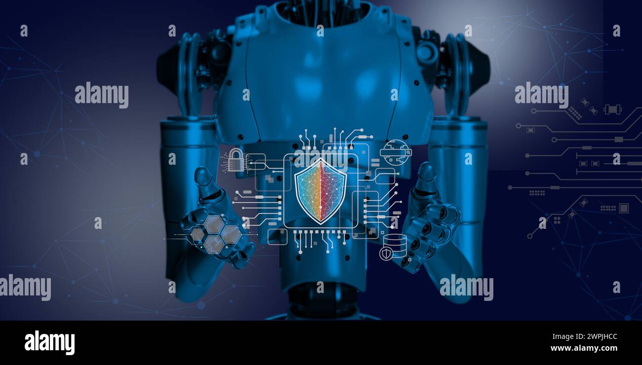 3D-Roboter-Renderhintergrund mit Cyber-Sicherheitssymbol auf Schaltplan, Technologiekonzept Stockfoto