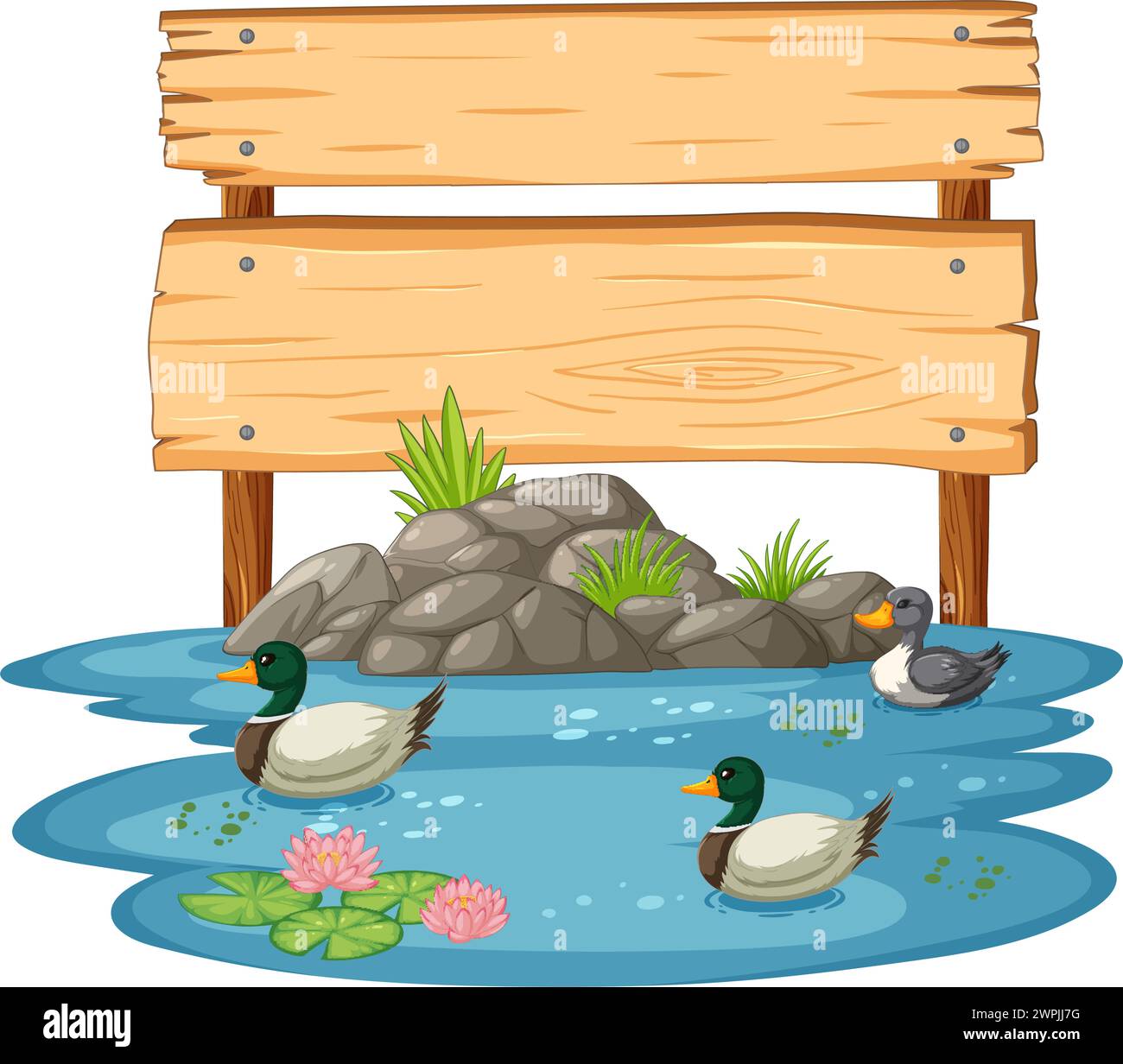 Vektorillustration von Enten in einem Teich mit Schild Stock Vektor