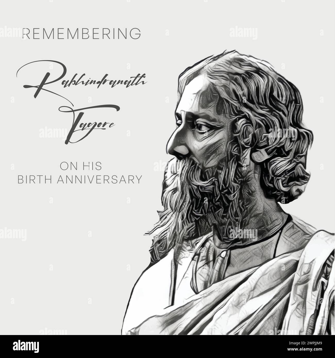 Rabindranath Tagore Poster handgezeichnet Stock Vektor