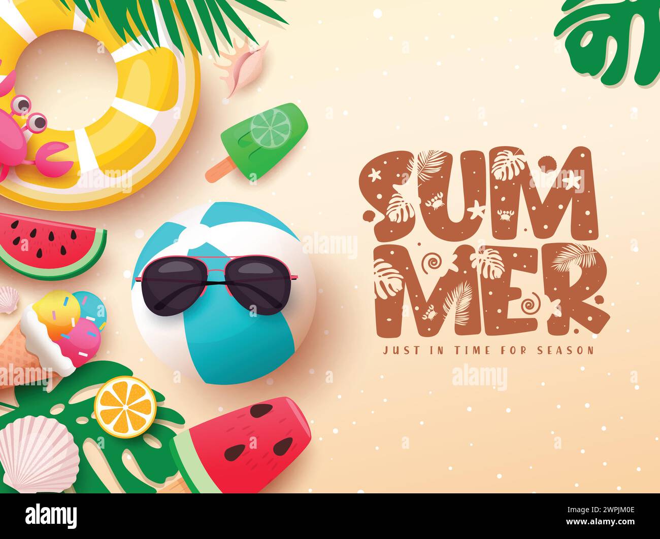 Sommergruß Text Vektorvorlage Design. Sommer Text Gruß mit Beachball, Schwimmer, Sonnenbrille und Eis im Hintergrund Sand Meer. Stock Vektor