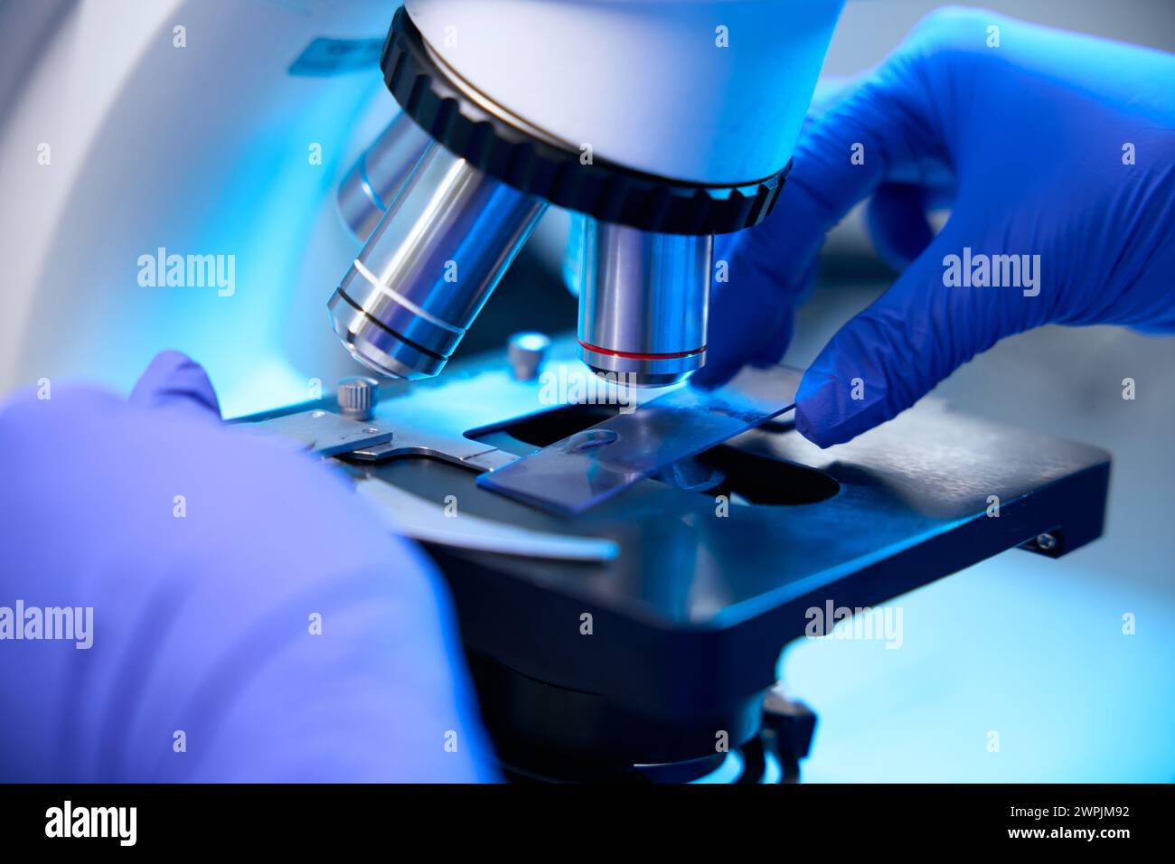 Spezialist arbeitet mit Biomaterialproben unter einem leistungsstarken Mikroskop Stockfoto