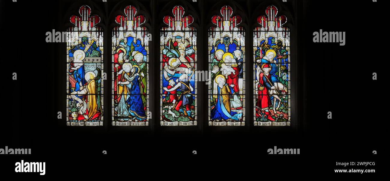 Ereignisse aus dem frühen Leben Jesu Christi, Illustration in der Kirche St. Mary Major, der Universitätskirche in Cambridge, England. Stockfoto