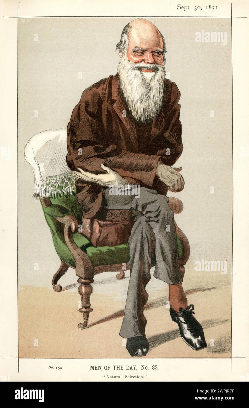Vintage-Farblithographie einer Karikatur von Charles Darwin, 1871. Charles Robert Darwin (1809–1882) war ein englischer Naturforscher, der die Gründung von tha begründete Stockfoto
