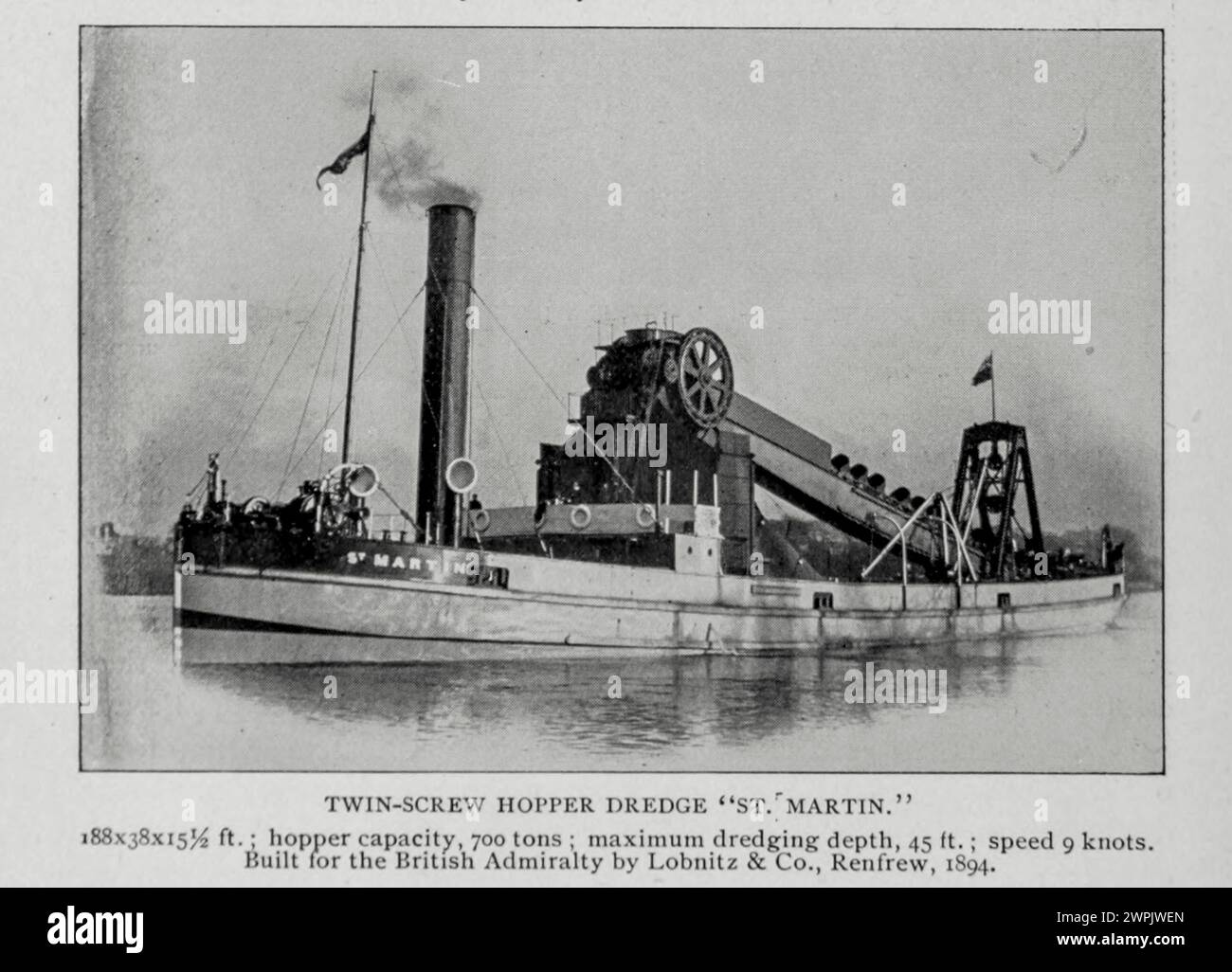 DOPPELSCHNECKEN-TRICHTER-BAGGER ST. MARTIN. 188 x 38 x 15,5 m ; Fassungsvermögen des Trichters, 700 Tonnen; maximale Baggertiefe, 45 ft. ; Geschwindigkeit 9 Knoten. Erbaut für die britische Admiralität von Lobnitz & Co., Renfrew, 1894. Aus dem Artikel EUROPÄISCHE SEEGREDGER UND TIEFWASSERBAGGER. TEIL II BEDINGUNGEN, DIE DAS AUSBAGGERN RECHTFERTIGEN, UND DIE DARAUS RESULTIERENDEN WIRTSCHAFTLICHEN VORTEILE. Von E. L. Corthell vom Engineering Magazine widmet sich dem industriellen Fortschritt Band XV 1898 The Engineering Magazine Co Stockfoto