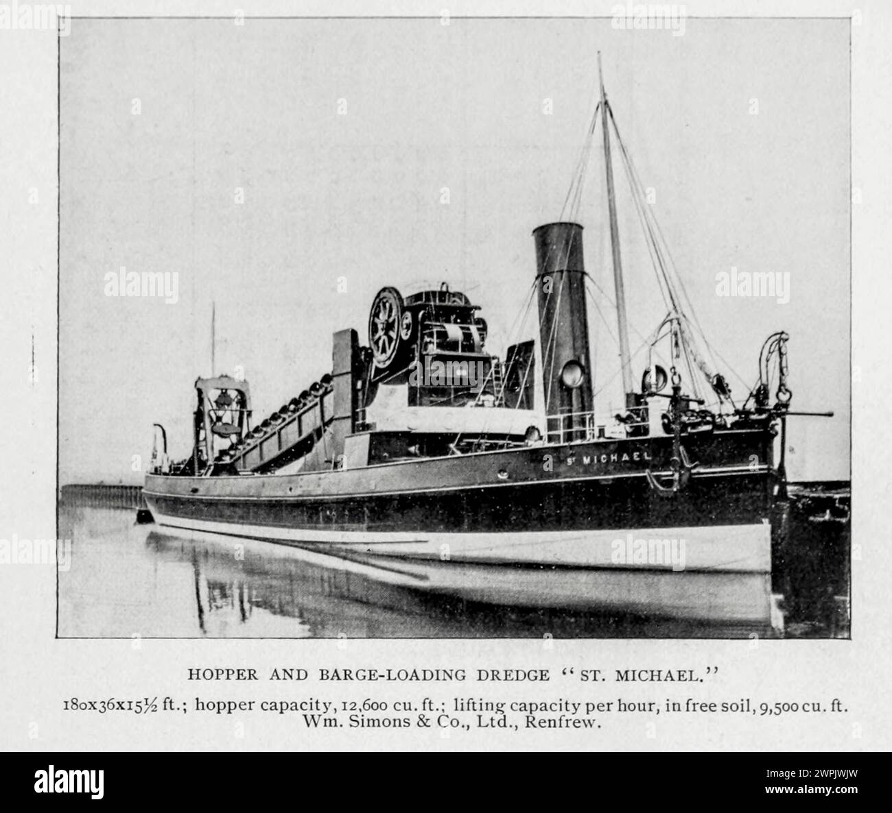 BAGGER ZUM BELADEN VON TRICHTERN UND BINNENSCHIFFEN ST. MICHAEL. 18ox36x15,5 ft; Füllvolumen des Trichters, 12.600 cu.ft; Hubkapazität pro Stunde, in freiem Boden, 9.500 cu. Ft. Wm. Simons & Co., Ltd., Renfrew, Scotlatid. Aus dem Artikel EUROPÄISCHE SEEGREDGER UND TIEFWASSERBAGGER. TEIL II BEDINGUNGEN, DIE DAS AUSBAGGERN RECHTFERTIGEN, UND DIE DARAUS RESULTIERENDEN WIRTSCHAFTLICHEN VORTEILE. Von E. L. Corthell vom Engineering Magazine widmet sich dem industriellen Fortschritt Band XV 1898 The Engineering Magazine Co Stockfoto