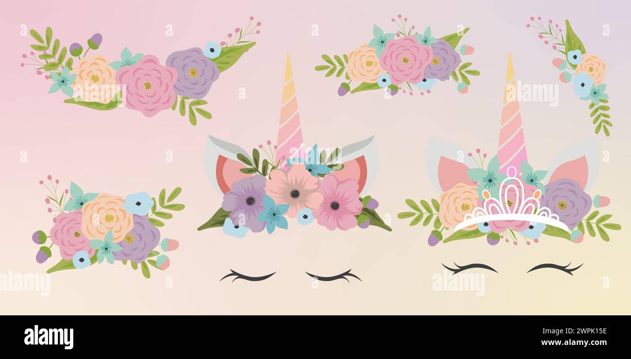 Einhorn Gesichtselemente Set Cartoon flache Design Ohren und Horn Vektor Illustration isoliert. Einhorn-Maskenfilter mit Blume und goldener Krone. Stock Vektor