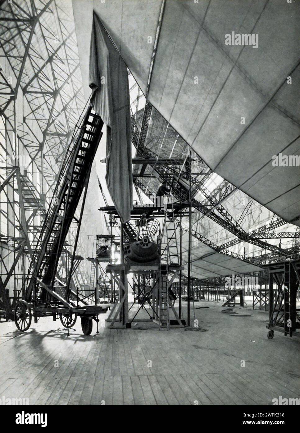 Anbringen der äußeren Abdeckung am Rumpf. LZ 127 Graf Zeppelin (Deutsches Luftschiff Zeppelin 127) war ein mit Wasserstoff gefülltes Luftschiff, das von 1928 bis 1937 mit der Baunummer LZ 127 (117. Zeppelin-Luftschiff) flog. Eigentümer: Luftschiffbau Zeppelin Q.m.b.H., Friedrichshafen a. B. Verwendung: LZ 127 soll die technische und wirtschaftliche Möglichkeit des transozeanischen Luftschiffverkehrs auf langen Strecken demonstrieren.Sammlung einschlägiger Erfahrungen, insbesondere der Erforschung der meteorologischen Bedingungen auf zukünftigen Transportwegen. Ausflüge für wissenschaftliche und vermessende pu Stockfoto