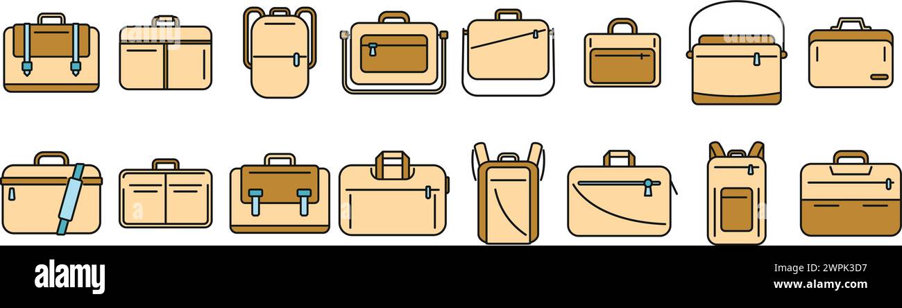 Symbole für Laptoptaschen setzen Konturvektor. Computergehäuse. Farblinie Schultergepäck isoliert Stock Vektor