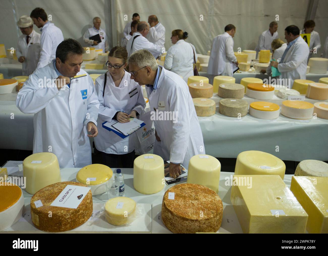 26/07/14 Käseurinnen und Käseurinnen probieren Käse auf der weltweit größten Käseshow in Nantwich, Cheshire, wo 4.443 Käsesorten aus 26 Ländern konkurrieren Stockfoto