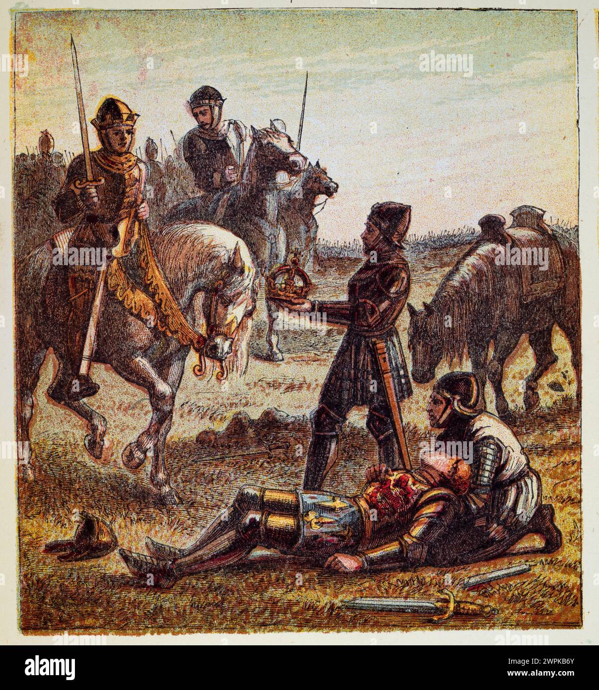 Vintage-Illustration der Schlacht von Bosworth Field, Tod von König Richard III., König gegeben an Heinrich VII., Mittelalter, Tudor, englische Geschichte Stockfoto
