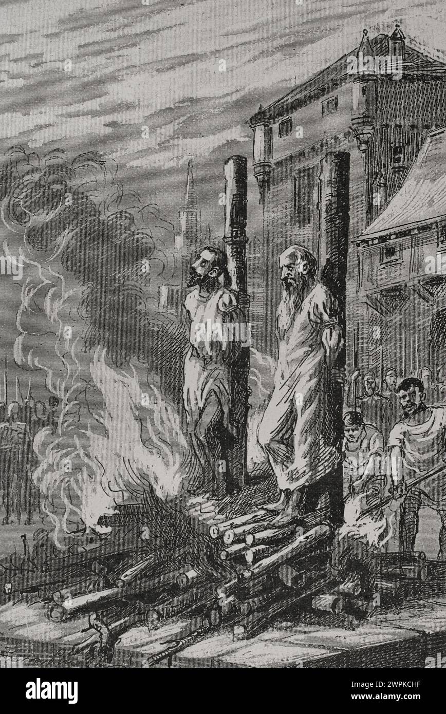 Frankreich. Qual der Templer in Paris. Am 12. Mai 1310 wurden mehr als fünfzig Tempelritter auf dem Scheiterhaufen verbrannt, weil sie der Ketzerei und Sodomie beschuldigt wurden. Stich von Serra Pausas. „Glorias Españolas“ (Glorias von Spanien). Band II Veröffentlicht in Barcelona, 1890. Autor: Joan Serra Pausas (aktiv 1861-1902). Stockfoto