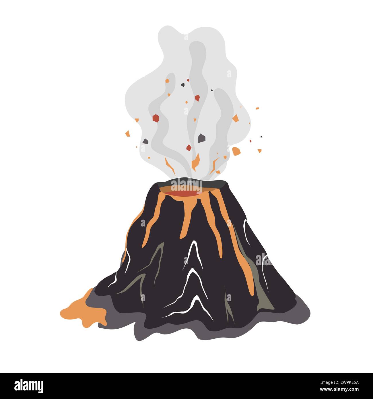 Vulkan bricht aus, Lava fließt an seinen Seiten herunter und Rauch. Vektor-isolierte Abbildung Stock Vektor