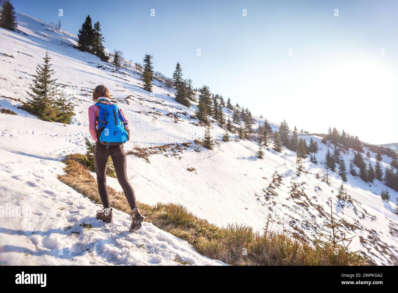 Junge Frau mit Rucksack auf dem Trail in Snowy Mountain Stockfoto