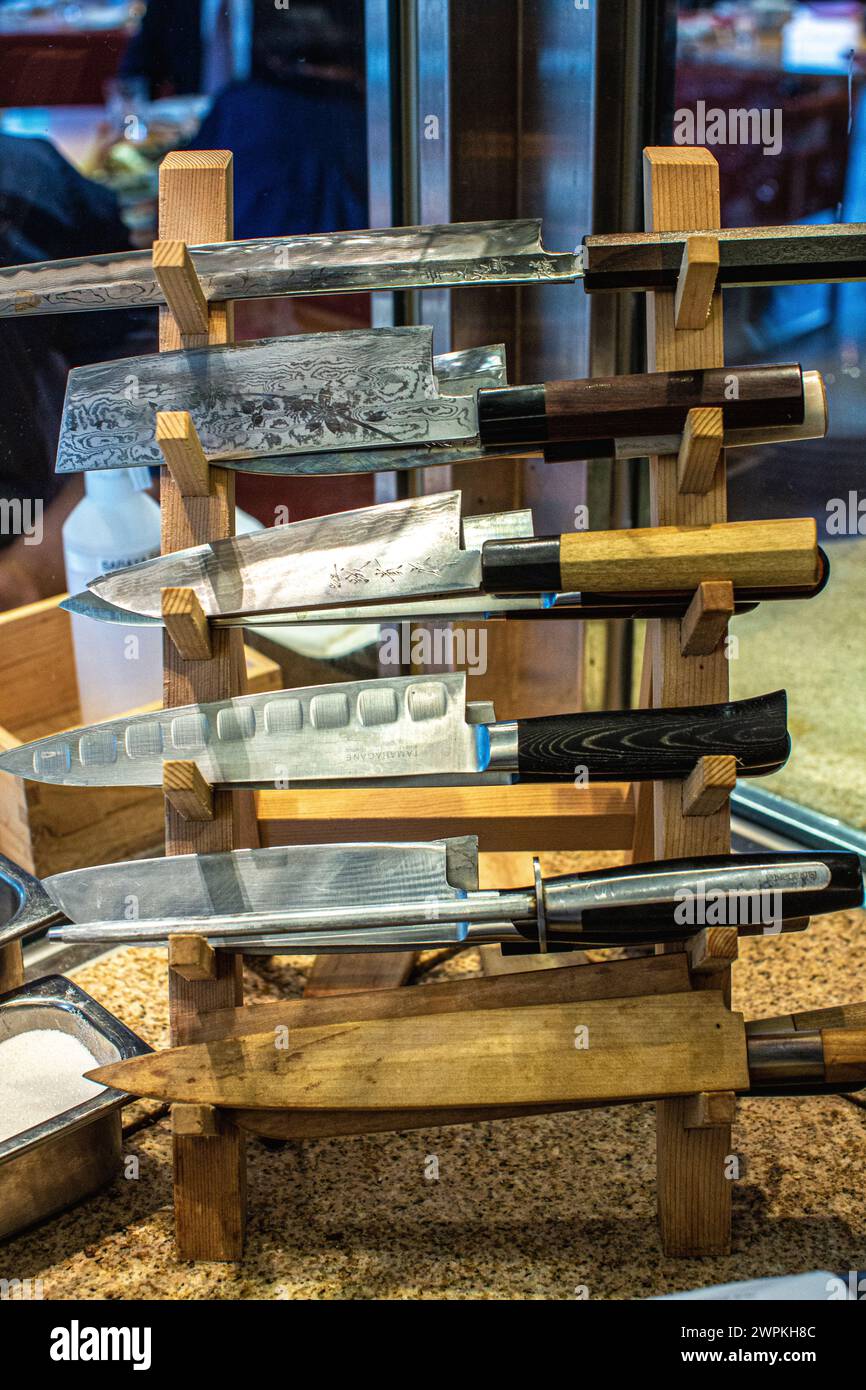 Japanische Messer im Restaurant Zuma, hongkong Stockfoto