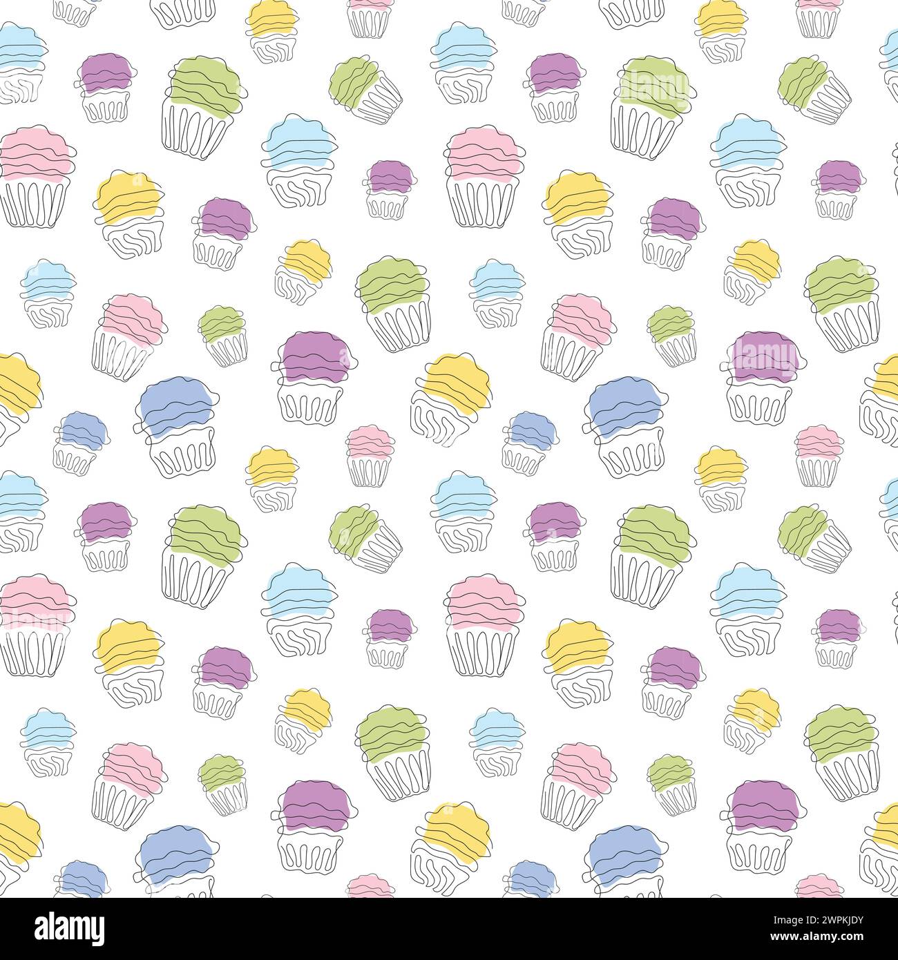 Nahtloses Muster von bunten Cupcakes im Stil einer durchgehenden einzeiligen Zeichnung. Einfache Strichkunst von Muffins mit gewelltem Frosting. Vektor isoliert auf weiß Stock Vektor