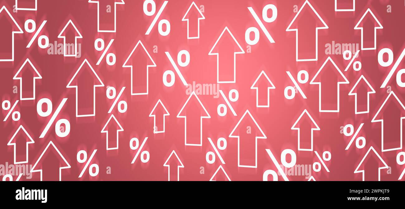 Pfeile und Prozentzeichen, die über rotes Hintergrundbanner die globale Inflation veranschaulichen. Finanzkrise Geschäftsmarkt. Währungsrisiko. Stockfoto