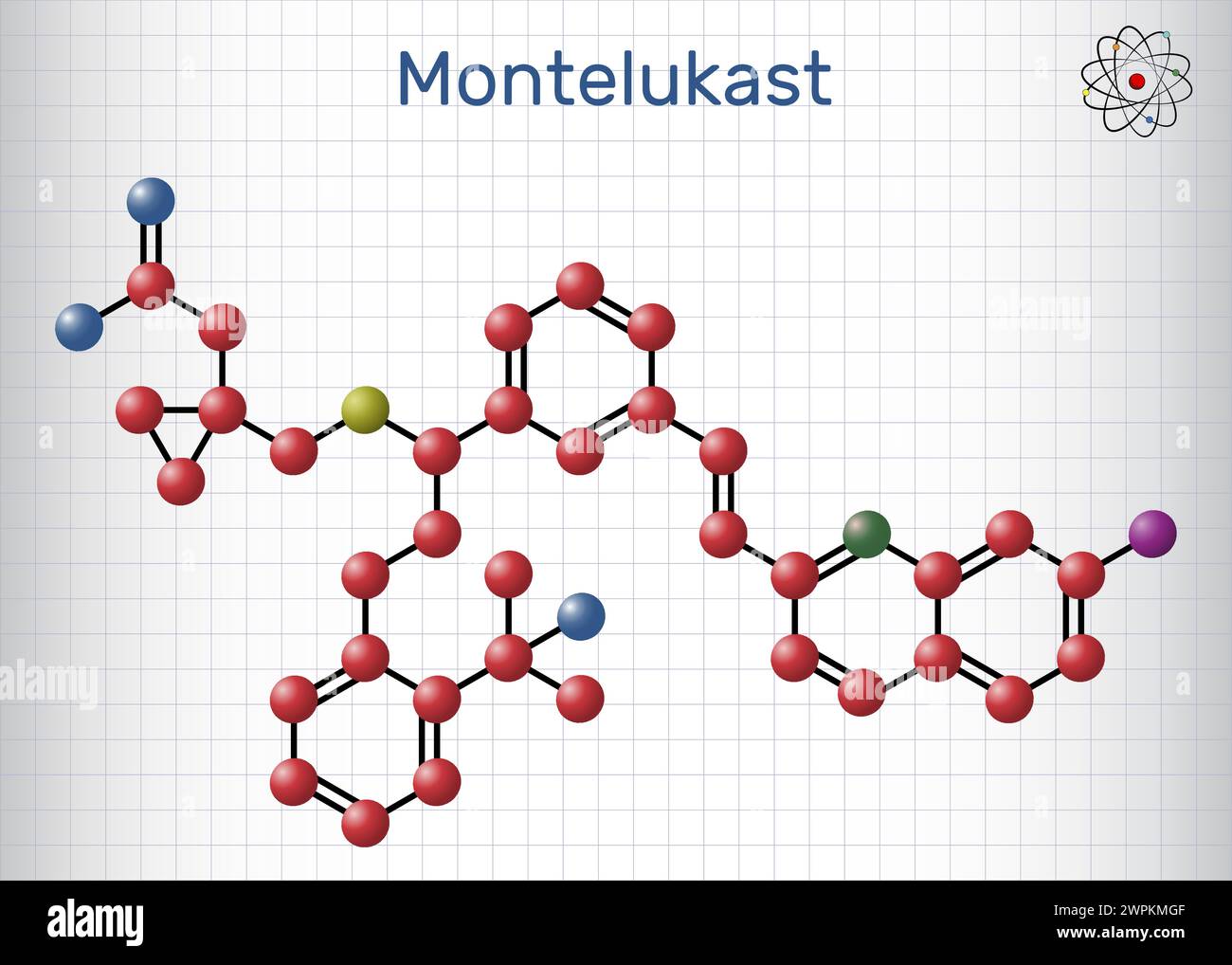 Montelukast-Arzneimittelmolekül. Es wird zur Behandlung von Asthma angewendet. Molekülmodell. Blatt Papier in einem Käfig. Vektorabbildung Stock Vektor
