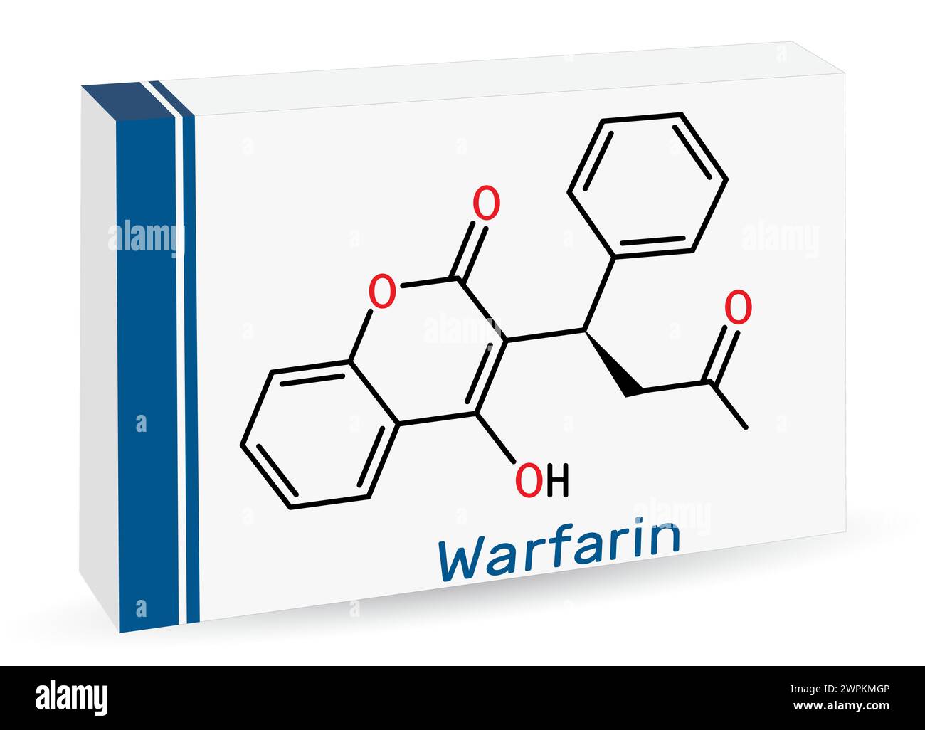 Warfarin-Arzneimittelmolekül. Warfarin ist ein Antikoagulans, das zur Verhinderung der Bildung von Blutgerinnseln angewendet wird. Die chemische Formel des Skeletts. Papierverpackungen für Medikamente. Vect Stock Vektor