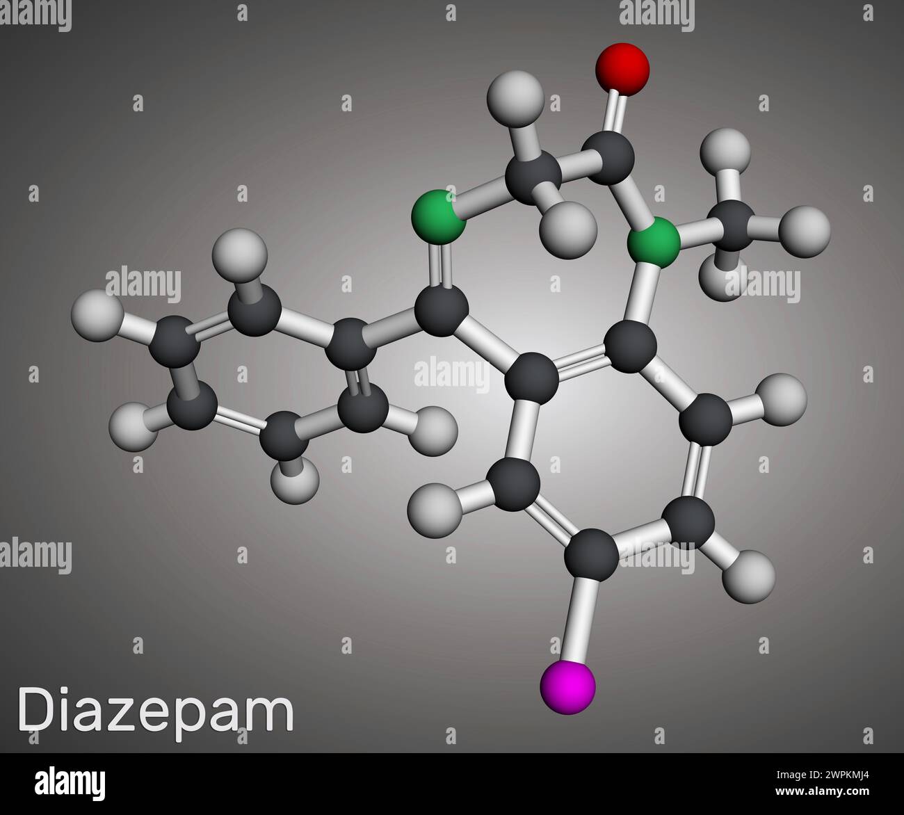 Diazepam-Arzneimittelmolekül. Es ist langwirksames Benzodiazepin, das zur Behandlung von Panikstörungen angewendet wird. Molekulares Modell. 3D-Rendering. Abbildung Stockfoto