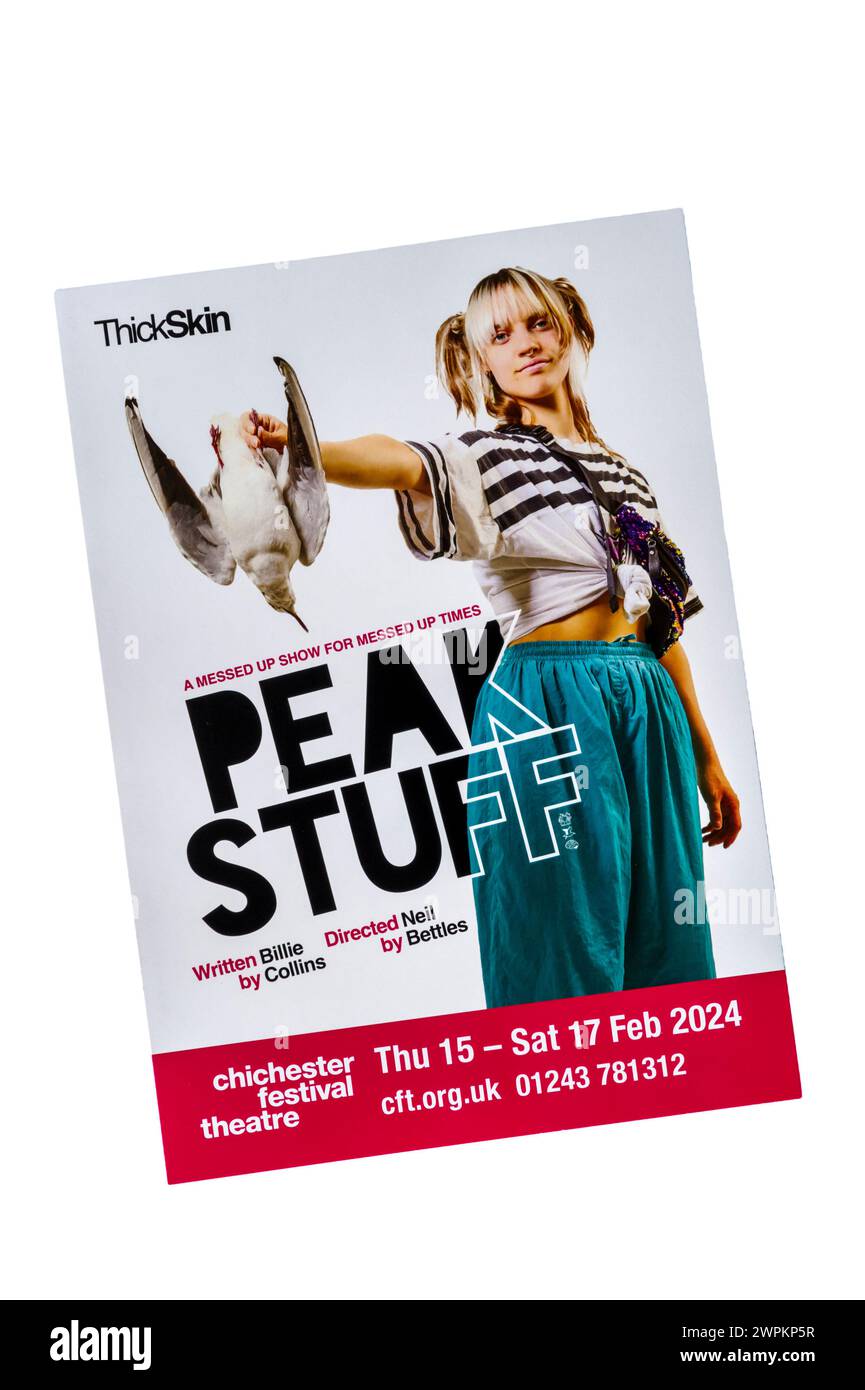 Ein Flyer für die ThickSkin-Produktion von Peak Stuff von Billie Collins im Chichester Festival Theatre 2024. Stockfoto