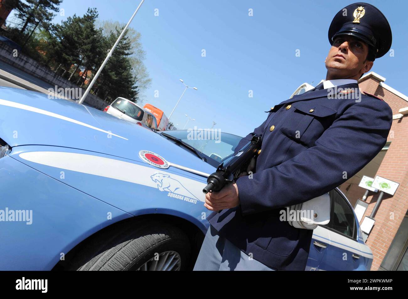 Polizia di Stato, posto di blocco controlli Stockfoto