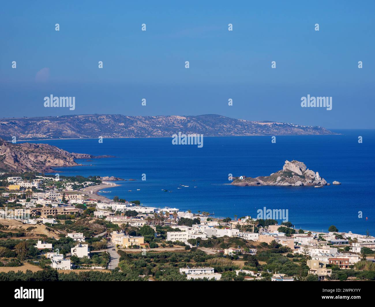 Blick auf die Insel Kastri, Kamari Bay, Kos Island, Dodekanese, griechische Inseln, Griechenland, Europa Stockfoto