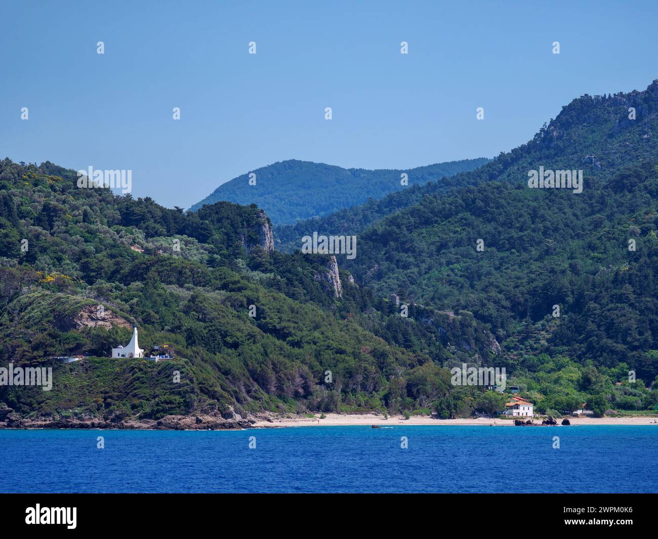 Blick auf die Agios Nikolaos Kapelle, Potami, Karlovasi, Samos Insel, nördliche Ägäis, Griechische Inseln, Griechenland, Europa Stockfoto