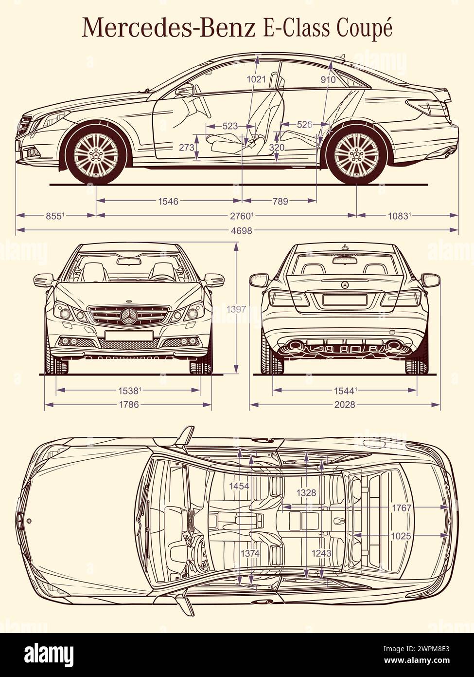 Mercedes Benz E-Klasse Coupé 2009-Bauplan Stock Vektor