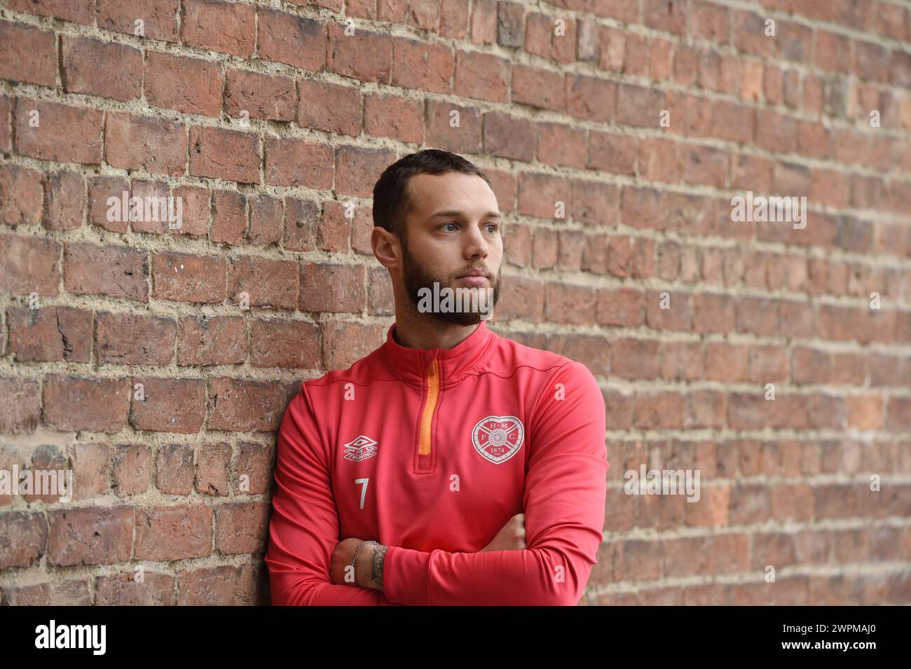 Oriam Sports Centre Edinburgh.Scotland.UK. 9. März 24 Hearts Press Conference for Scottish Cup Tie vs Morton Jorge Grant of Hearts Credit: eric mccowat/Alamy Live News Stockfoto