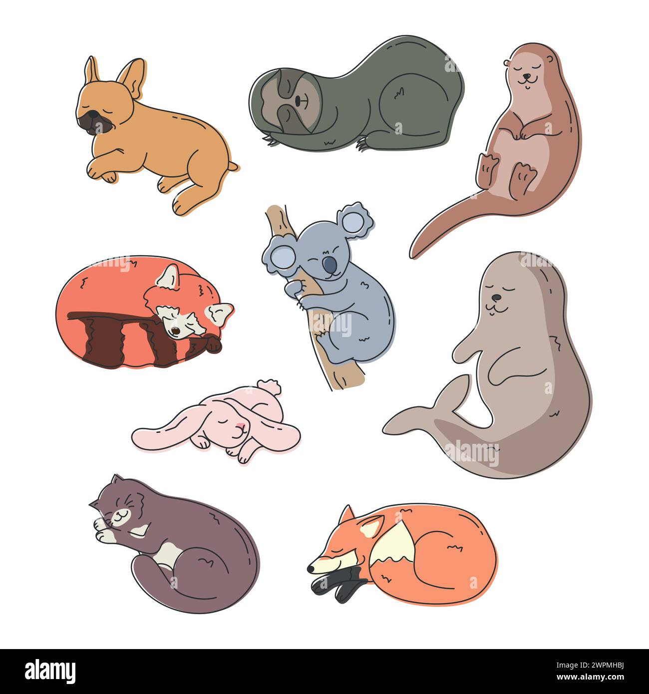 Set von niedlichen handgezeichneten verschiedenen schlafenden Tieren. Cartoon schläfrige Katze, Otter, Robbe, Koala, französische Bulldogge, Kaninchen, Fuchs, roter Panda und Faultier. Ve Stock Vektor