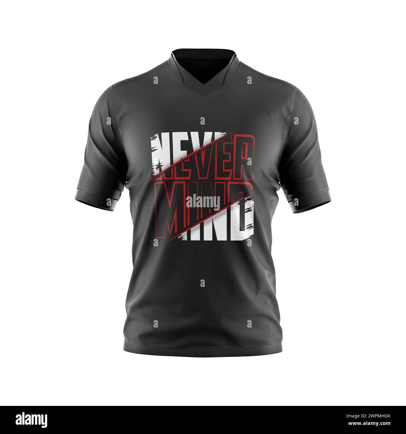 Ein schwarzes T-Shirt mit typografischer Darstellung vor weißem Hintergrund Stockfoto