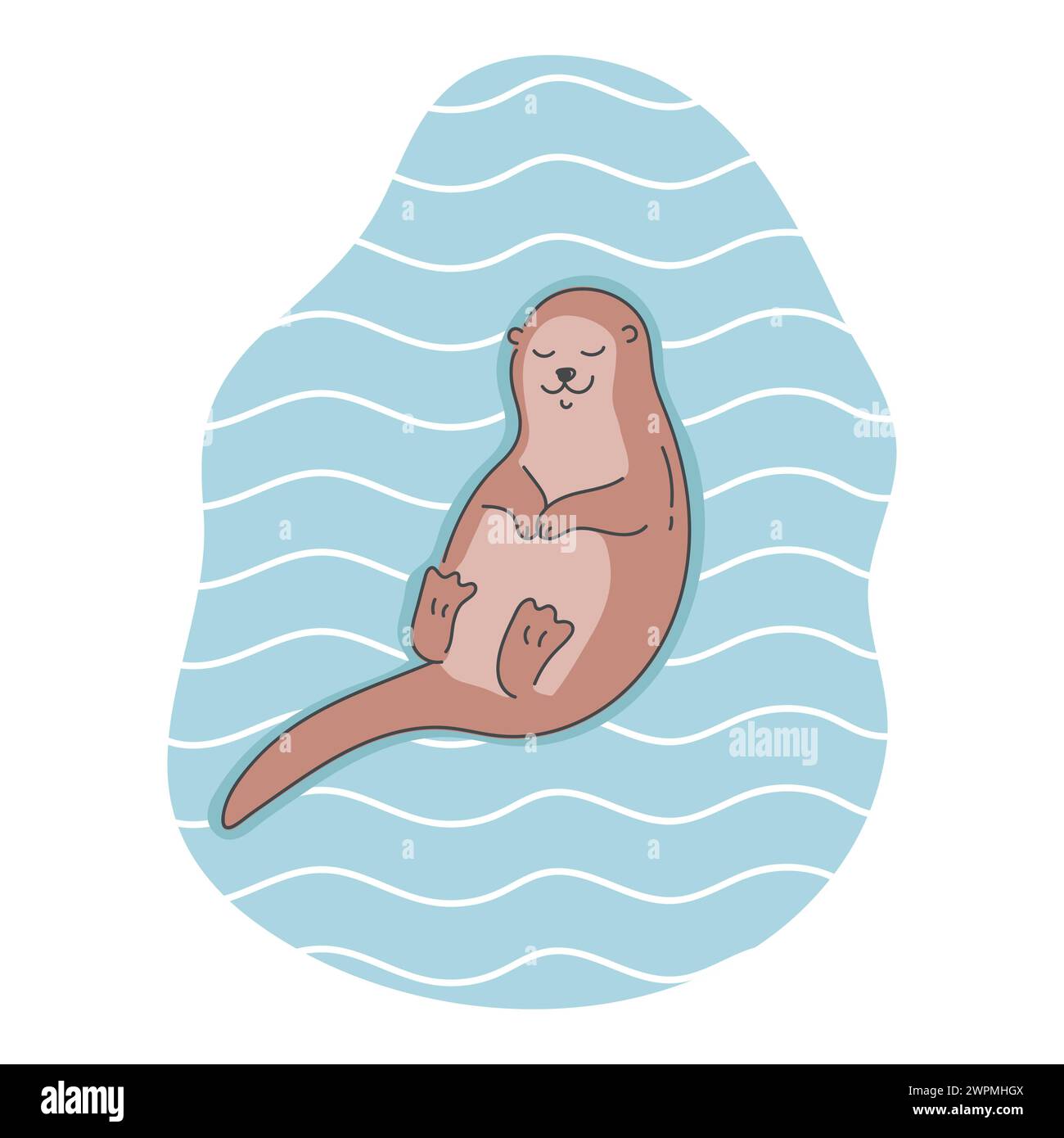 Handgezeichneter süßer Otter, der auf Wasser schläft. Verschlafener Otter in Zeichentrickfilm. Vektorabbildung Stock Vektor