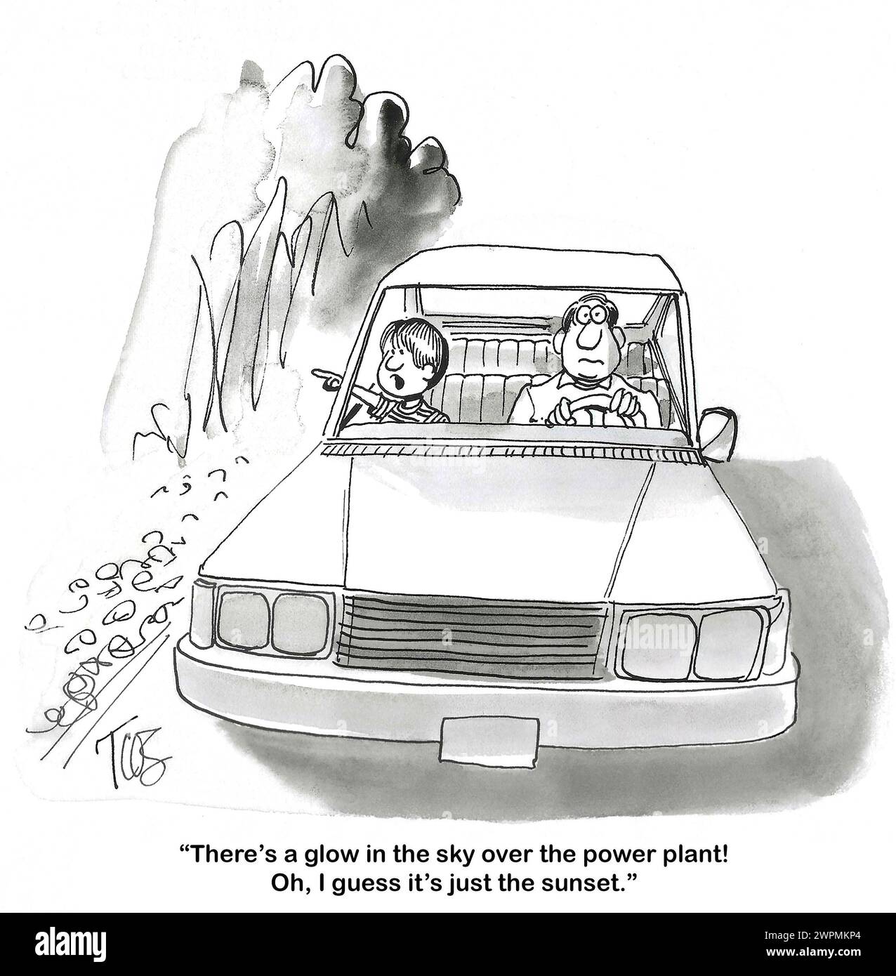 BW-Cartoon eines Sohnes mit seinem Vater im Auto. Der Sohn sieht ein Leuchten über dem Kernkraftwerk, aber es ist nur der Sonnenuntergang. Stockfoto