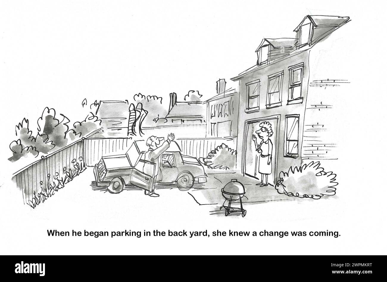 BW Cartoon einer Frau, die eine Veränderung im Verhalten ihres Mannes sieht, er parkt das Auto im Hinterhof. Stockfoto