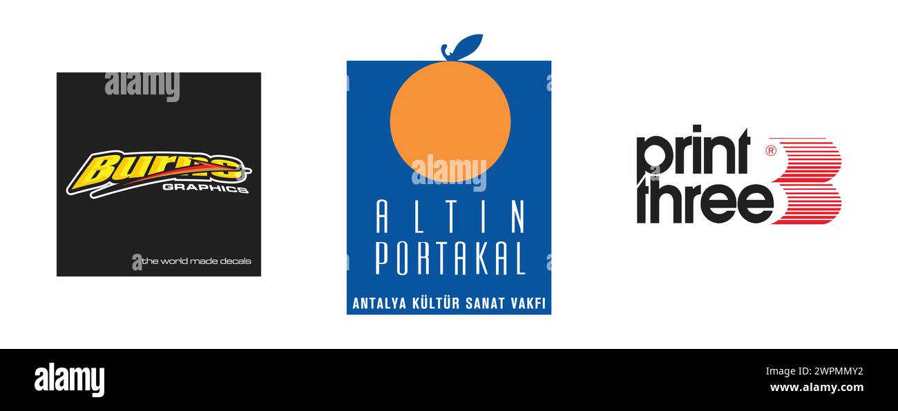 Drucken Sie Drei, Altin Portakal - Antalya Kültür Sanat Vakf? , BRENNT GRAFIKEN - 2007. Redaktionelle Vektor-Logokollektion. Stock Vektor