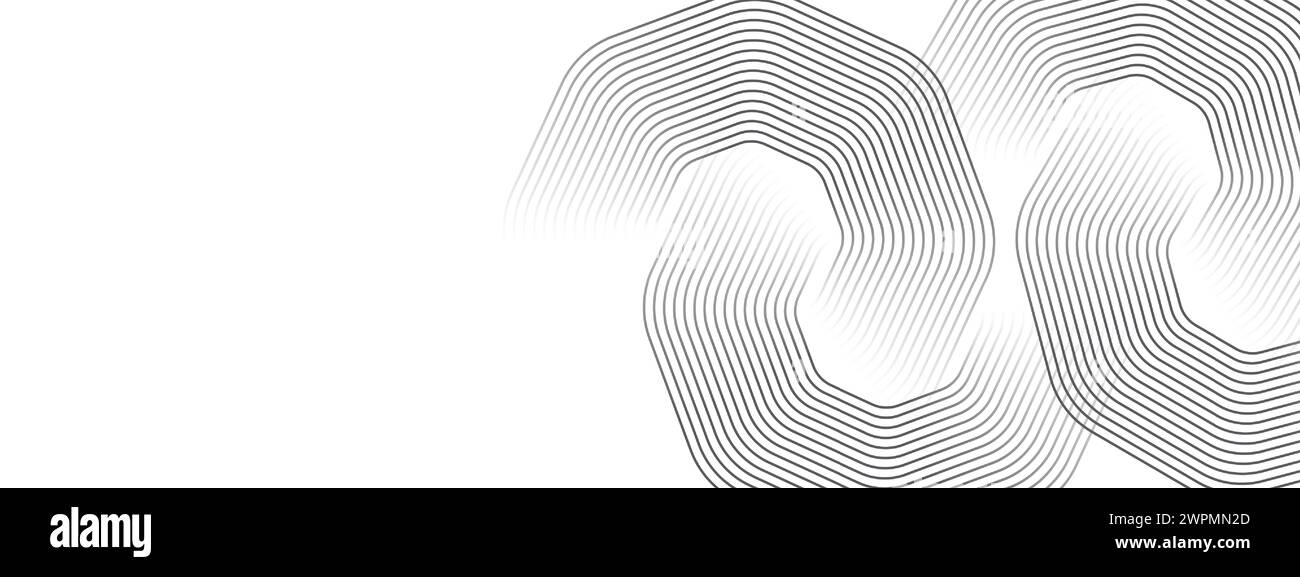 Abstrakte wellenende schwarze Kreise, fließende Linien Technologie Hintergrund. Leuchtende Linien glänzende geometrische Form Technologie Konzept für Banner, Website, Header Stock Vektor