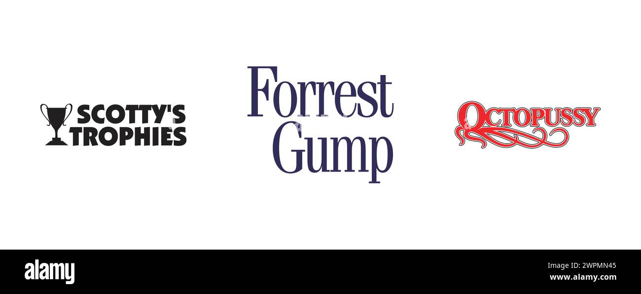 Forrest Gump, Octopussy, Scotty's Trophies. Redaktionelle Vektor-Logokollektion. Stock Vektor