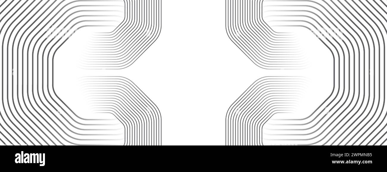 Abstrakte wellenende schwarze Kreise, fließende Linien Technologie Hintergrund. Leuchtende Linien glänzende geometrische Form Technologie Konzept für Banner, Website, Header Stock Vektor