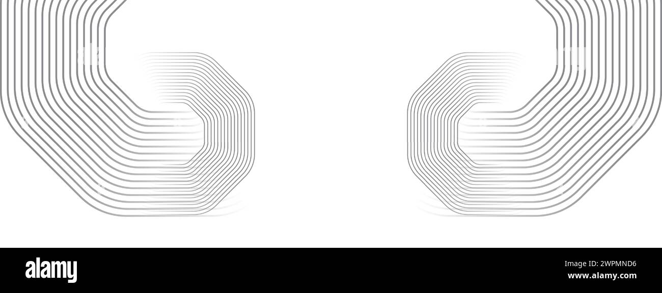 Abstrakte wellenende schwarze Kreise, fließende Linien Technologie Hintergrund. Leuchtende Linien glänzende geometrische Form Technologie Konzept für Banner, Website, Header Stock Vektor