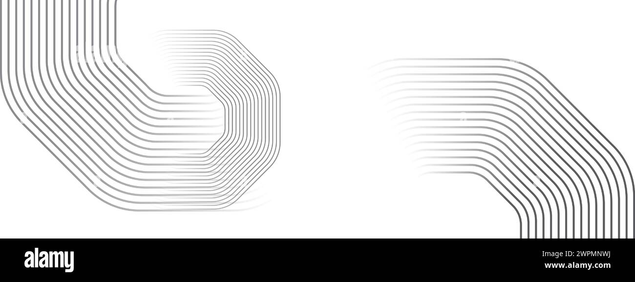 Abstrakte wellenende schwarze Kreise, fließende Linien Technologie Hintergrund. Leuchtende Linien glänzende geometrische Form Technologie Konzept für Banner, Website, Header Stock Vektor