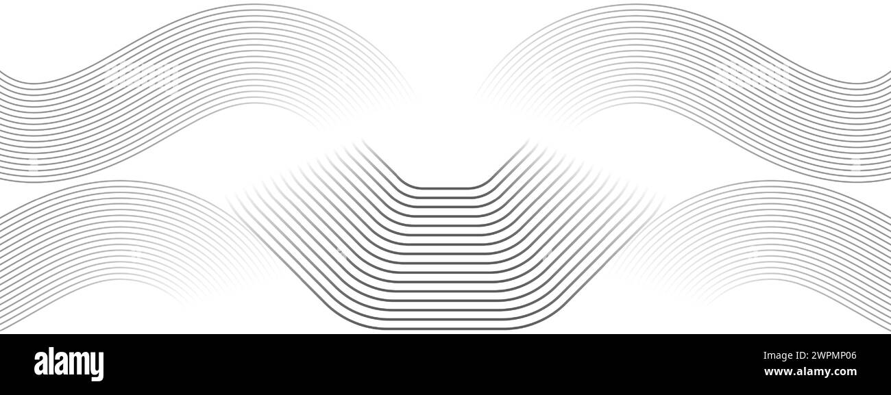 Abstrakte wellenende schwarze Kreise, fließende Linien Technologie Hintergrund. Leuchtende Linien glänzende geometrische Form Technologie Konzept für Banner, Website, Header Stock Vektor