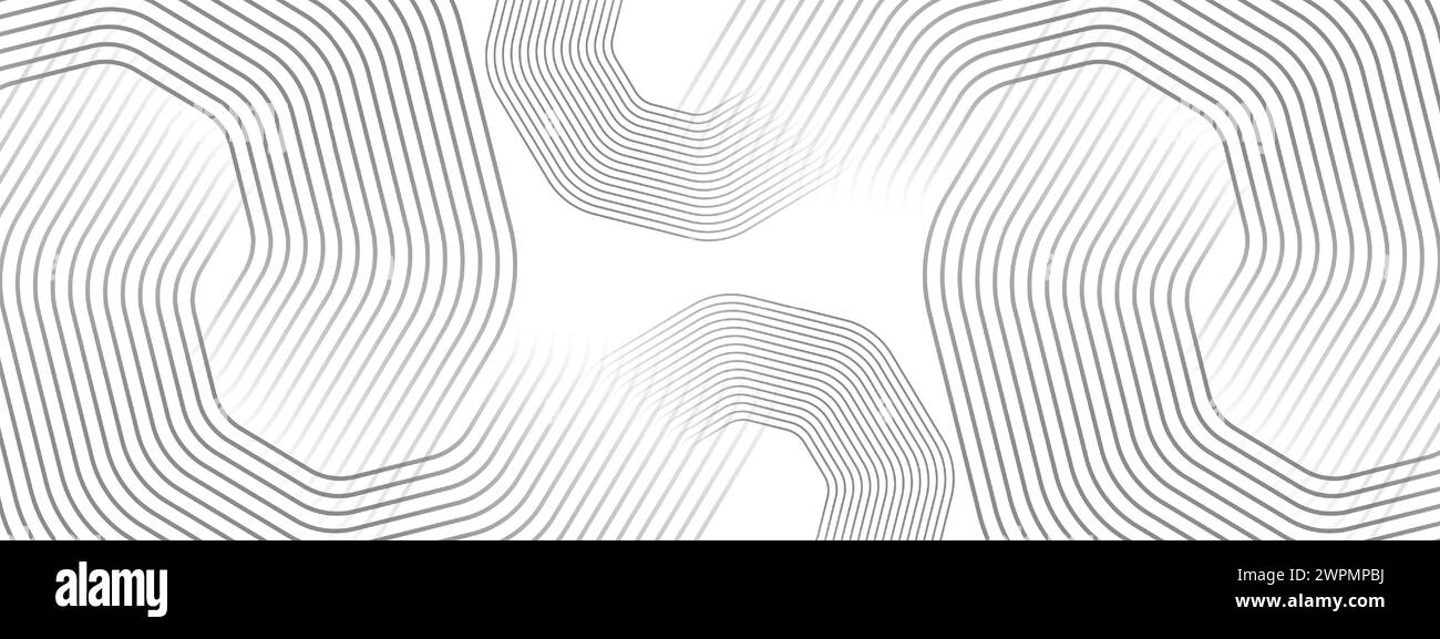 Abstrakte wellenende schwarze Kreise, fließende Linien Technologie Hintergrund. Leuchtende Linien glänzende geometrische Form Technologie Konzept für Banner, Website, Header Stock Vektor